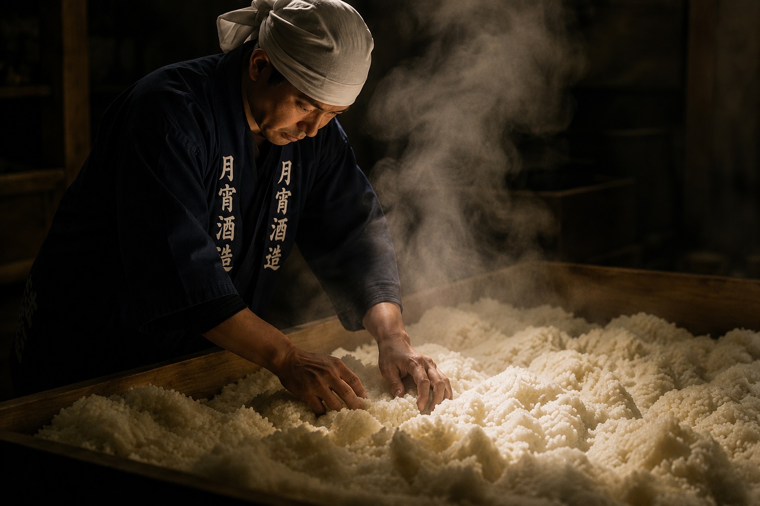 麹室で蒸米に触れる月宵酒造の杜氏