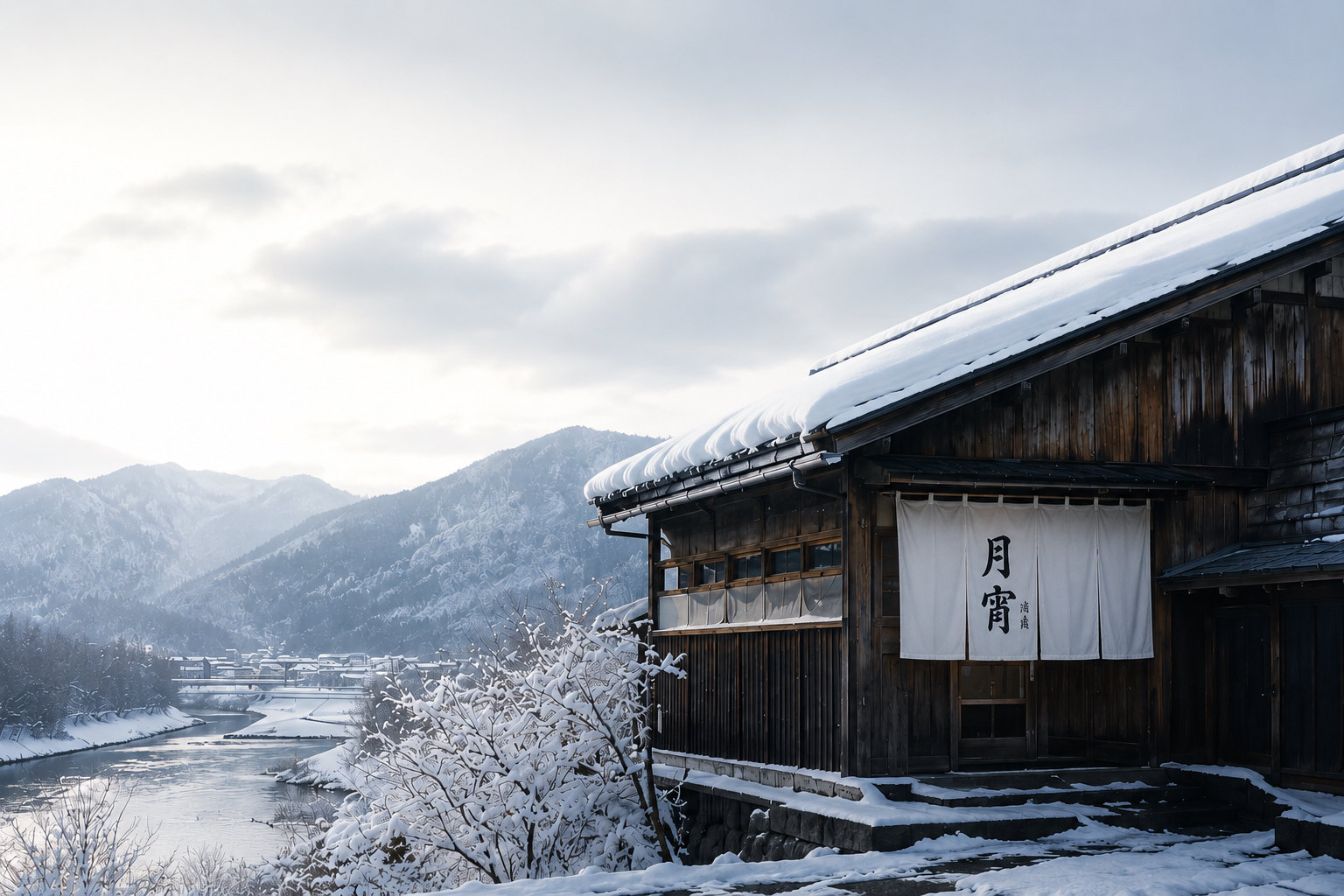雪に包まれた月宵酒造の蔵と長岡の川辺の風景